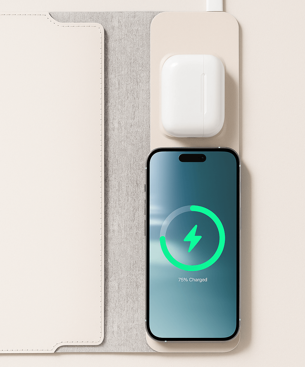 Kanso OneLe Kanso One est un tapis de bureau premium conçu pour améliorer l’organisation, le confort et l’esthétique de votre espace de travail. Alliant design minimaliste et fonctionnalité avancée, il intègre un chargeur sans fil 15W compatible avec tous