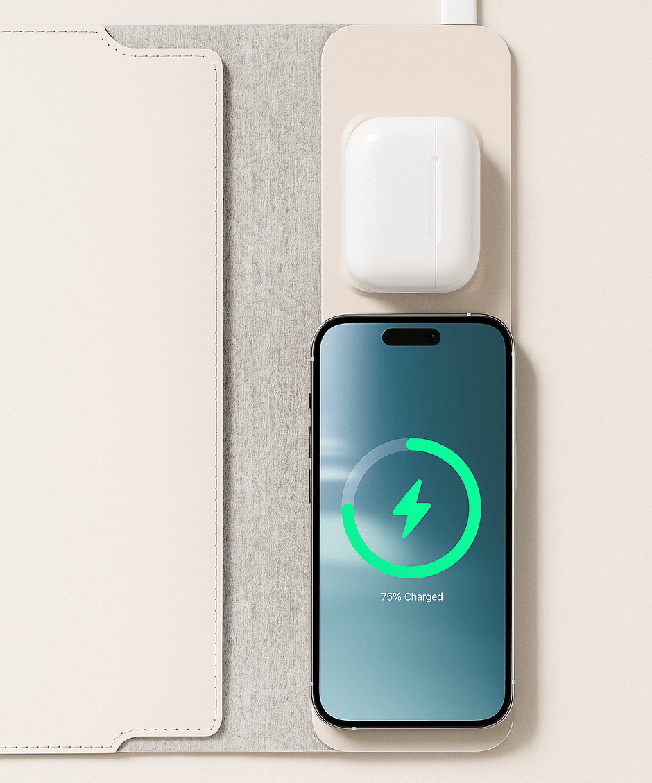 Kanso OneLe Kanso One est un tapis de bureau premium conçu pour améliorer l’organisation, le confort et l’esthétique de votre espace de travail. Alliant design minimaliste et fonctionnalité avancée, il intègre un chargeur sans fil 15W compatible avec tous